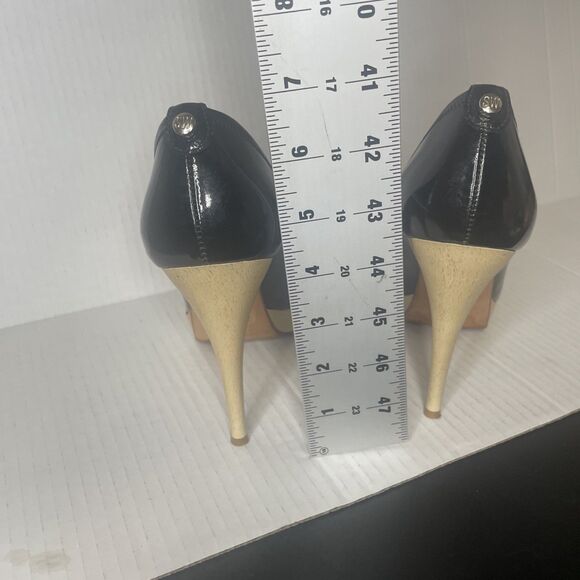 Stuart Weitzman Pump Black 8 Avignon Patent Leather Peep Toe Wood Platform Logo - Picture 10 of 14